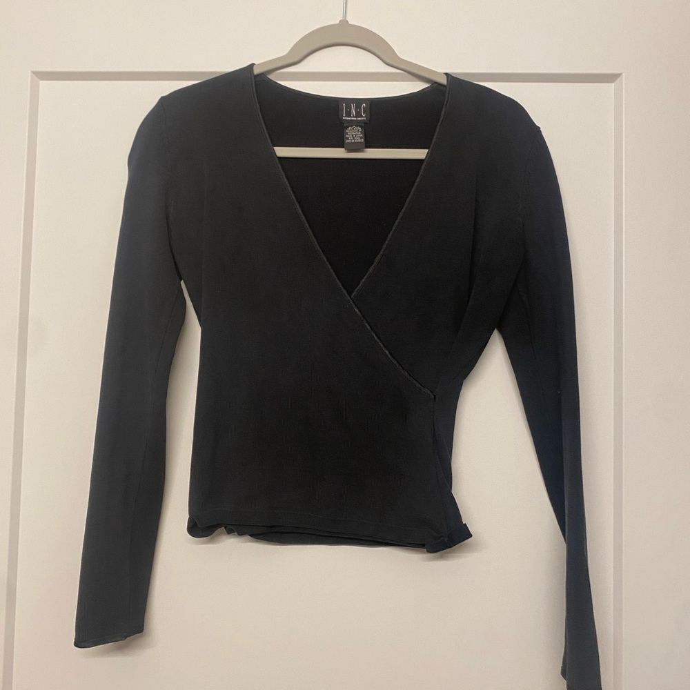 INC Vintage Black Long Sleeve Wrap Top